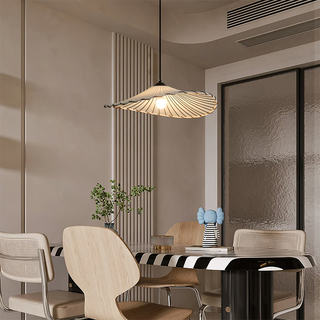 Vintage lotus pendant in interior — fabric leaf shade ceiling lamp