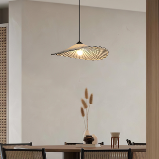 Lotus fabric pendant from below — vintage adjustable ceiling fixture