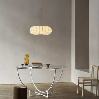 White pumpkin pendant close-up — fabric drum soft shade lamp