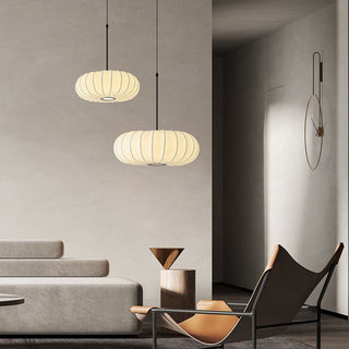 Fabric pumpkin pendant top view — white soft drum shade ceiling