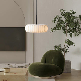 White pumpkin-shaped fabric drum pendant lamp with soft shade