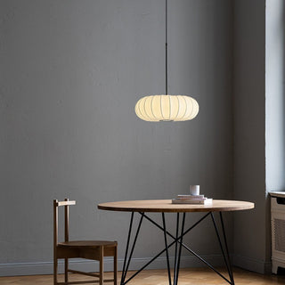 Fabric pumpkin pendant from below — white soft shade ceiling lamp