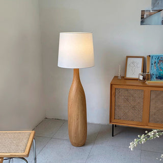 Retro wood floor lamp side — vintage fabric warm glow