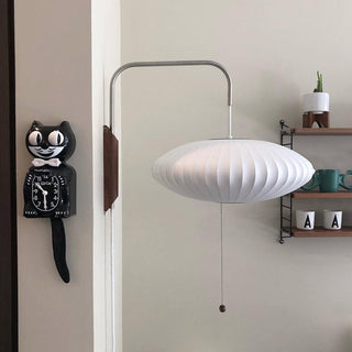 Bauhaus white silk shade wall lamp in bedroom — modern wood