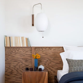 Silk shade white Bauhaus wall sconce detail — modern wood