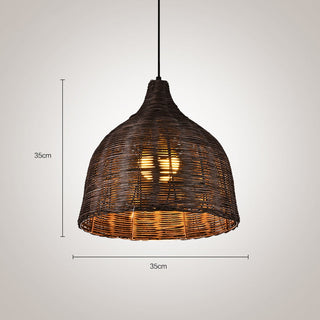 Rattan basket ceiling fixture over farmhouse kitchen table