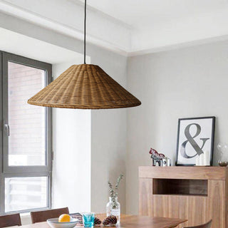 Woven Rattan Pendant Light - Retro Cone Boho Pendant Lighting With Adjustable Height