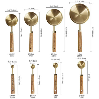 gold measuring cups 8 piece stainless steel wood accent handles detail