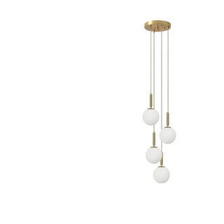 Close-up of brass pendant hardware with frosted glass ball shade