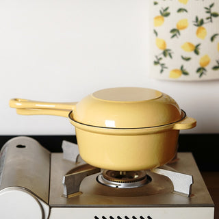 enamel cast iron pan all in one pot non-stick coating single handle side view