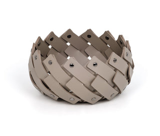 woven leather basket chrome pins decorative bathroom storage front view