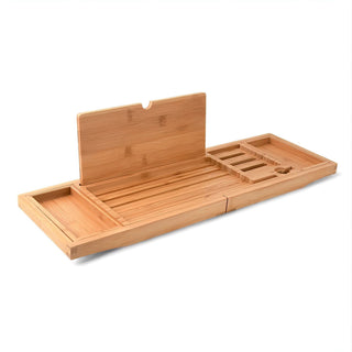adjustable wooden bathtub caddy bath tray tablet holder soap dish angle view
