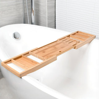 adjustable wooden bathtub caddy bath tray tablet holder soap dish detail