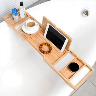 adjustable wooden bathtub caddy bath tray tablet holder soap dish close-up