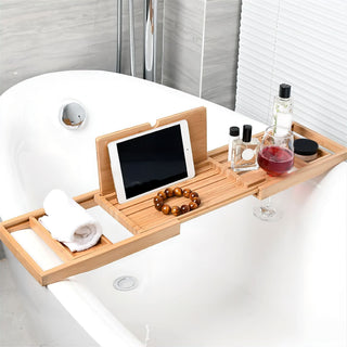 adjustable wooden bathtub caddy bath tray tablet holder soap dish side view