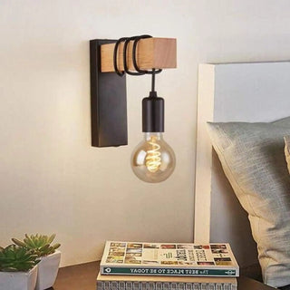 Wood and black wall light E27 LED industrial modern living room