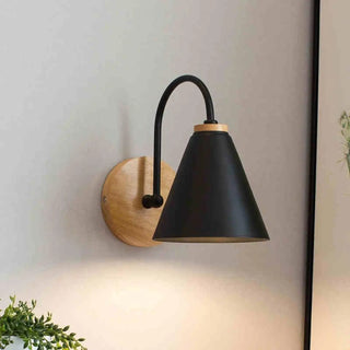 Scandinavian wood wall sconce E27 LED black conical shade modern