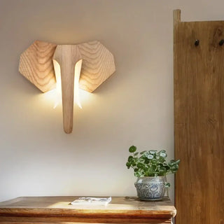 Sculptural animal head wood wall sconce elephant bull 12W LED