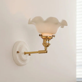 Flower wall lamp angle view – ceramic acrylic metal golden white shade
