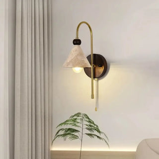 beige travertine conical wall light – pull chain sconce