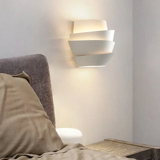 Two-light white metal wall sconce front view – geometric LED indoor sconce