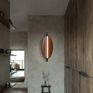 Wood-style vertical wall sconce close-up – brown metal acrylic LED