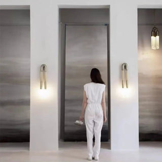 Double tube wall sconce metal fabric installed living room