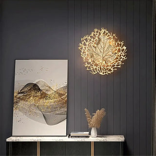 Gold round leaf wall light G9 LED art deco medium 24cm