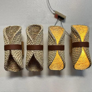 Natural fiber wall sconce dimmable brown boho accent