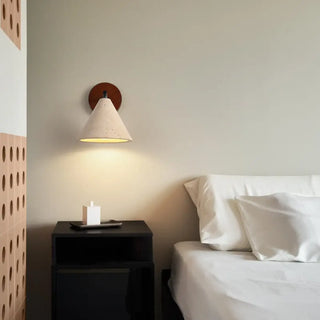 Natural stone wall sconce installed – Scandinavian bedroom warm 3000K