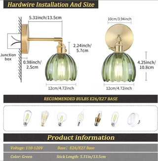 Gold metal wall light vintage green glass IP65 close-up