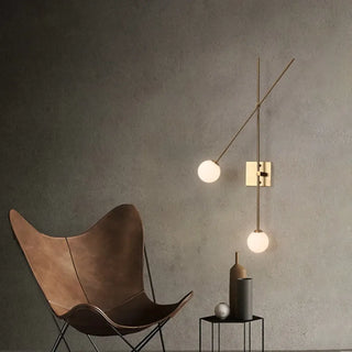 Gold geometric wall sconce G4 two opal globes – 91.4cm art deco front view