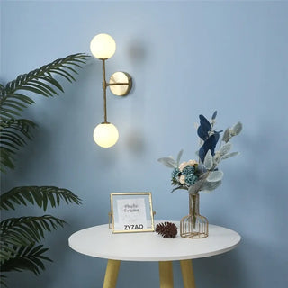 Gold wall sconce G9 LED 2 white glass ball globes IP65 Scandinavian