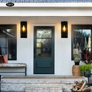 EXTER Modern Black Outdoor Sconce – Cylindrical Glass Exterior Wall Lamp