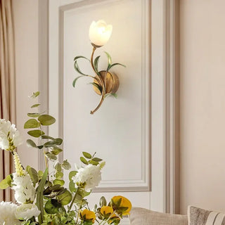 VONIA gold floral wall sconce white glass globe elegant