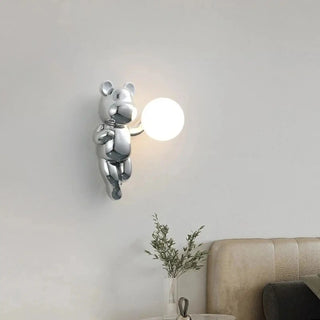 TEDDY playful chrome bear wall light installed