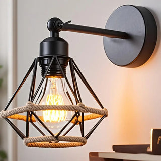 Industrial black wall sconce E27 braided rope metal glass – front view