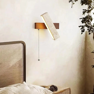 Stone and wood wall sconce LED detail view — contemporary natural material lamp