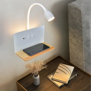 Dimmable LED wall lamp with integrated shelf E27 – adjustable arm close-up view