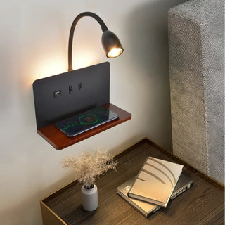 LED wall sconce with wooden shelf, USB port and wireless charging – black modern design