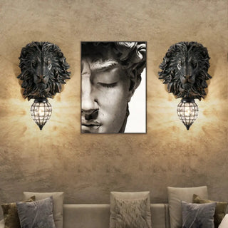 Lion head sculpted wall sconce E27 in black acrylic front view