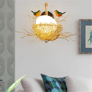 Golden nest wall sconce with birds decorative light – front view