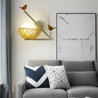 Golden nest wall light installed view – warm ambient glow