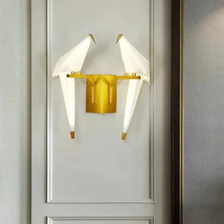 Origami bird sconce installed – gold artistic warm 3000K accent