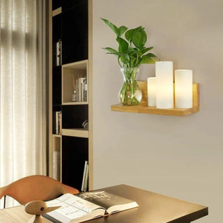 Wood glass cylinders wall sconce beige – installed