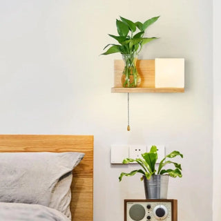 Wood glass plant wall sconce E27 square beige – front view