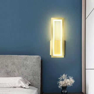 Rectangular LED wall sconce installed view corridor