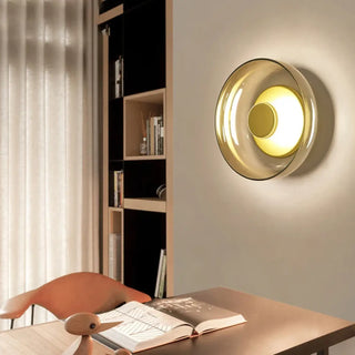 Gold retro glass wall light close-up – E14 metal round diffuser