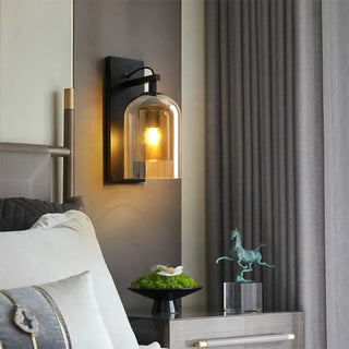 Retro glass wall sconce black metal bracket – clear amber