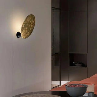 Round moon effect LED wall sconce in gold metal 32cm – front
